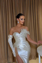 Elegant Long White Mermaid Glitter Sleeveless Prom Dresses With Slit