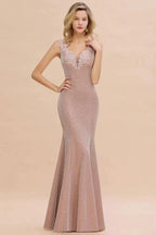 Elegant Mermaid Evening Party Dress Sleeveless V-neck Silk Slim Prom Gown