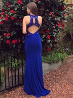 Elegant Mermaid Lace Backless Long Prom Dresses Royal Blue Formal Evening Gowns