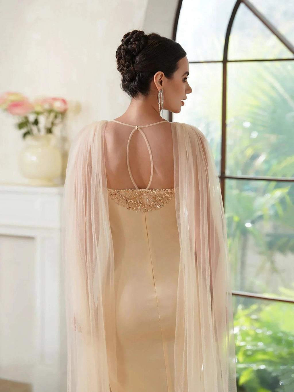 Elegant Mermaid Polyester Knitted Scoop Sleeveless Champagne Gold Prom Dress With Beading Zipper Split