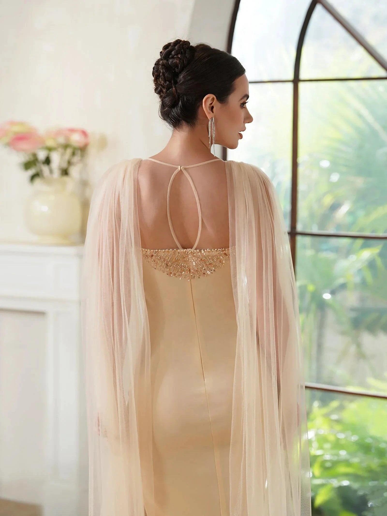 Elegant Mermaid Polyester Knitted Scoop Sleeveless Champagne Gold Prom Dress With Beading Zipper Split