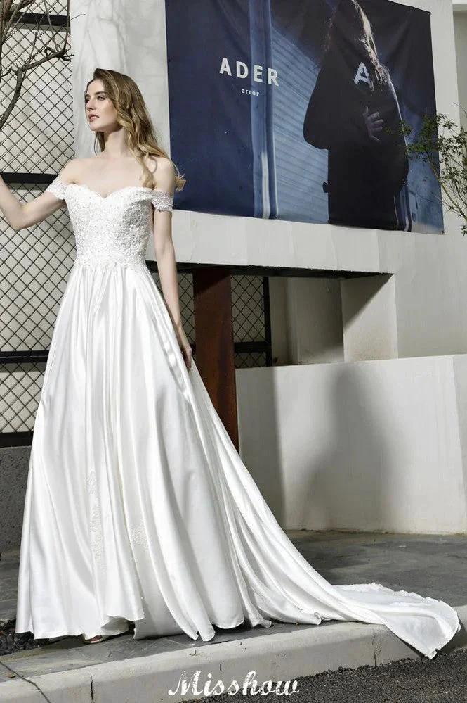 Elegant Off Shoulder Satin Floor Length Bridal Gown Sweetheart Floral Lace Aline Wedding Dress