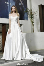 Elegant Off Shoulder Satin Floor Length Bridal Gown Sweetheart Floral Lace Aline Wedding Dress