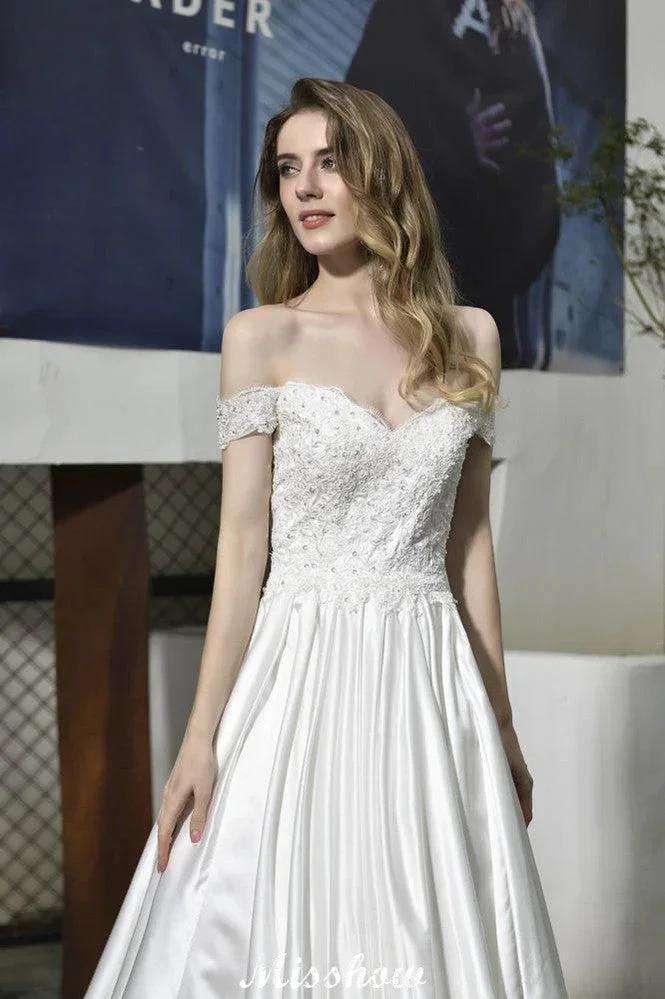 Elegant Off Shoulder Satin Floor Length Bridal Gown Sweetheart Floral Lace Aline Wedding Dress