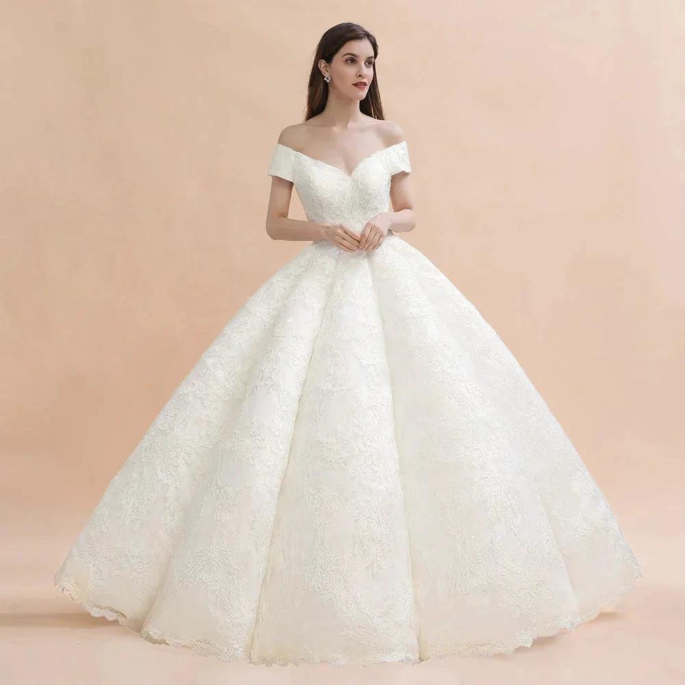 Elegant Off-the-Shoulder White Lace Appliques Bridal Gowns Wedding Dress