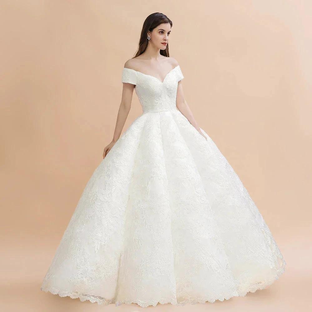 Elegant Off-the-Shoulder White Lace Appliques Bridal Gowns Wedding Dress