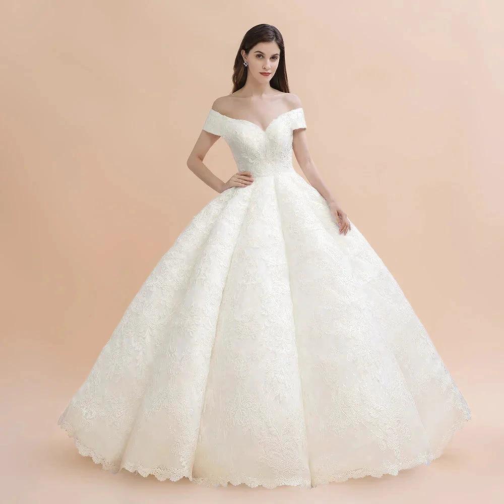 Elegant Off-the-Shoulder White Lace Appliques Bridal Gowns Wedding Dress