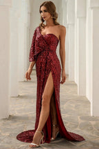 Elegant One Shoulder Sequins Split Mermaid Prom Dress