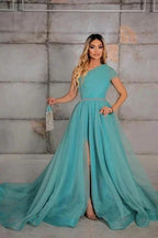 Elegant one shoulder sleeveless a-line 100D-Chiffon evening dresses ribbons