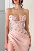 Elegant Peach V-neck Mermaid Evening Dresses Long Simple Prom Dresses With Slit