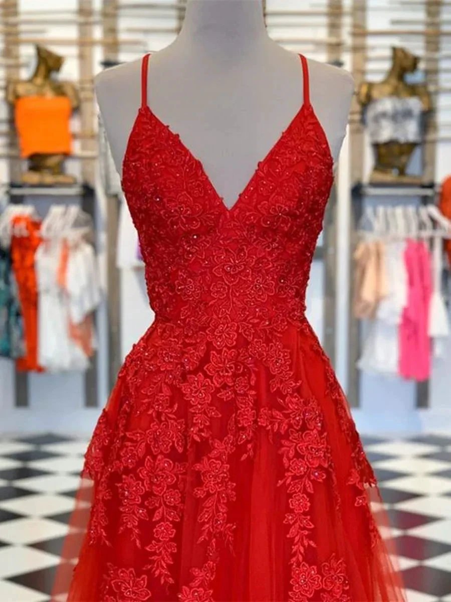Elegant Red Long A Line V Neck Tulle Lace Formal Graduation Prom Dresses