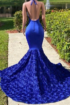 Elegant Royal Blue Halter Floor Length Sleeveless Lace Mermaid Prom Dress