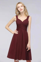 Elegant Ruffles Straps Short Prom Dresses | A-Line Sleeveless Knee Length Evening Dresses