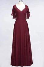 Elegant Satin V-Neck Short Sleeve Princess Bridesmaid Dress Ruffle Chiffon Wedding Guest Dress