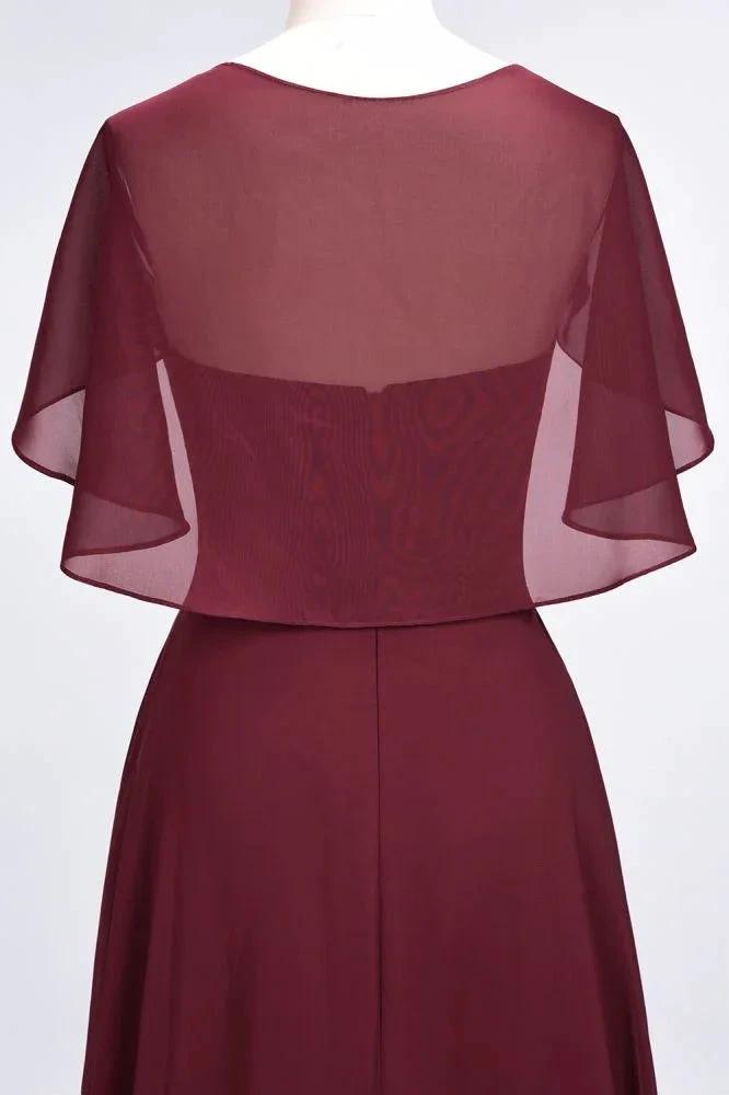 Elegant Satin V-Neck Short Sleeve Princess Bridesmaid Dress Ruffle Chiffon Wedding Guest Dress