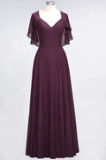 Elegant Satin V-Neck Short Sleeve Princess Bridesmaid Dress Ruffle Chiffon Wedding Guest Dress