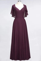 Elegant Satin V-Neck Short Sleeve Princess Bridesmaid Dress Ruffle Chiffon Wedding Guest Dress