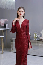 Elegant Sequined Burgundy V-Neck Mermaid Cocktail Party Dress Floor Length