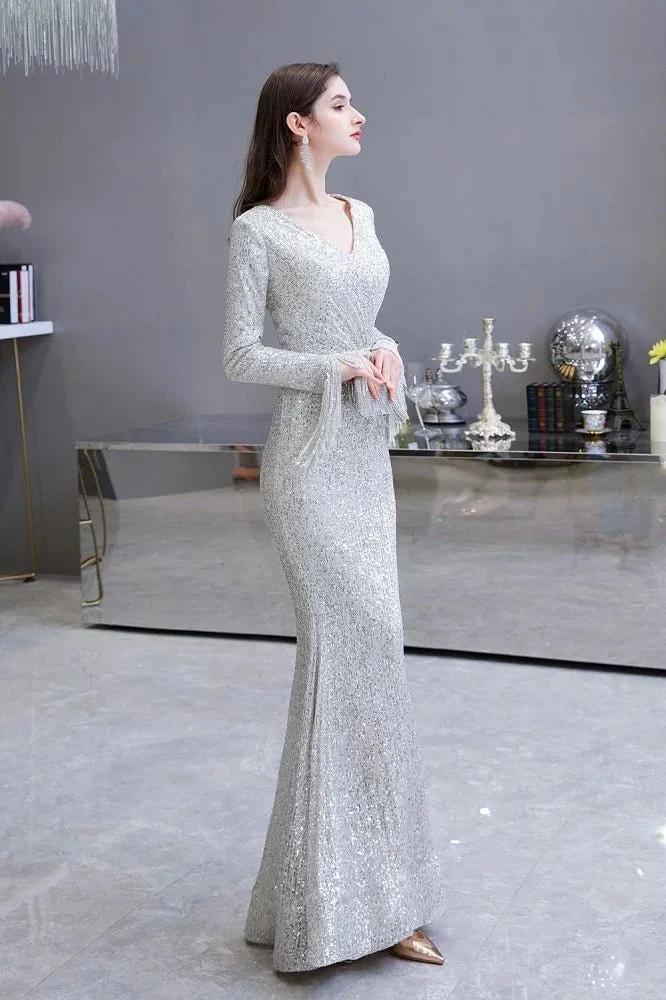 Elegant Sequined Burgundy V-Neck Mermaid Cocktail Party Dress Floor Length