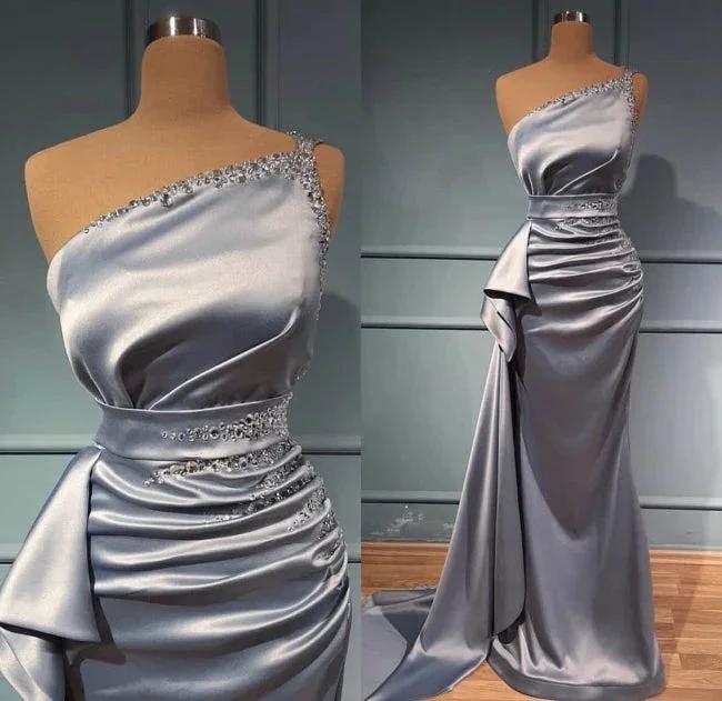Elegant Silver Long Glitter One Shoulder Sleeveless Sequined Evening Dresses