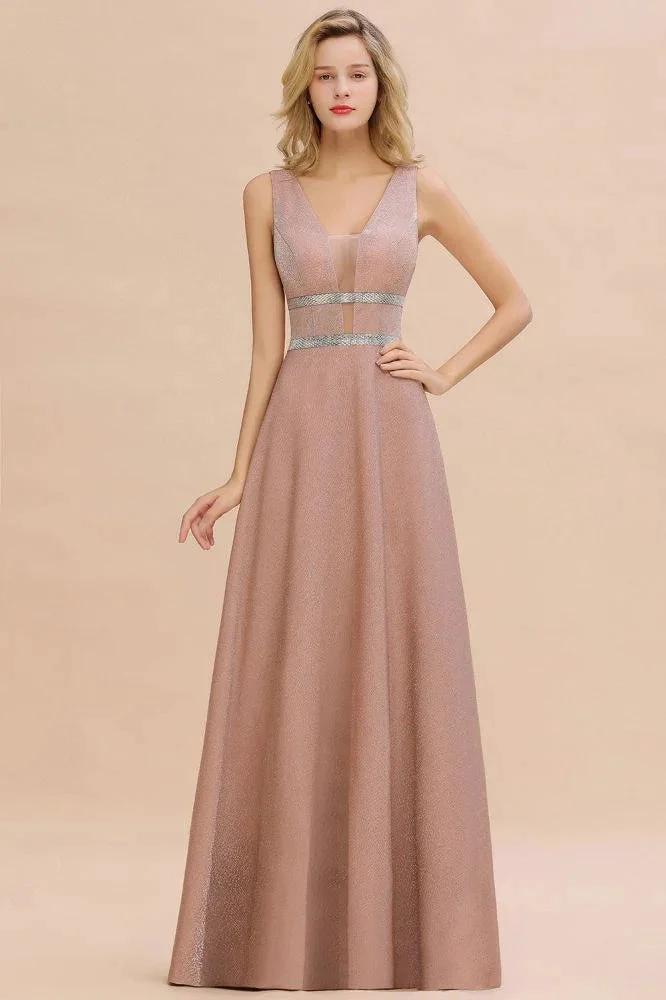 Elegant Sleeveless Aline Evening Swing Dress Bright Silk V-Neck Party Dress