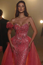 Elegant Sleeveless Pink Sweetheart Panel Mermaid Prom Dresses With Sequins