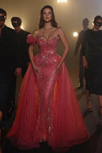 Elegant Sleeveless Pink Sweetheart Panel Mermaid Prom Dresses With Sequins