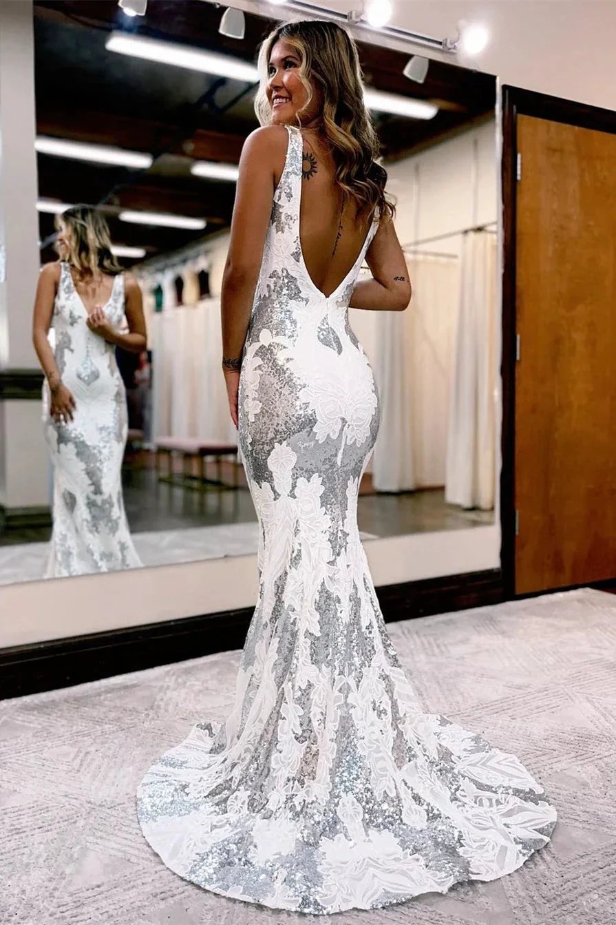 Elegant Straps V-neck Backless Mermaid Prom Dress With Lace