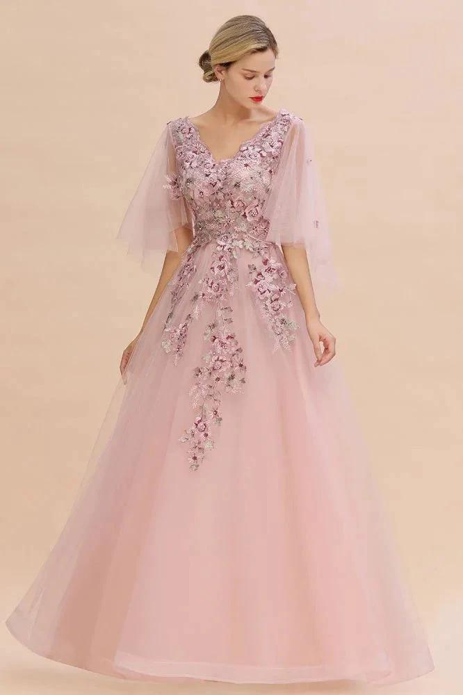 Elegant Tulle A-line Floral Wedding Dress Puffy Long Sleeves Evening Party Dress