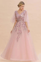 Elegant Tulle A-line Floral Wedding Dress Puffy Long Sleeves Evening Party Dress