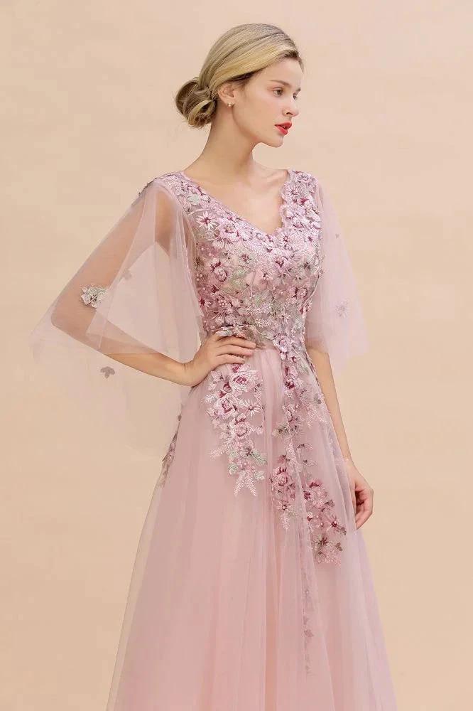 Elegant Tulle A-line Floral Wedding Dress Puffy Long Sleeves Evening Party Dress