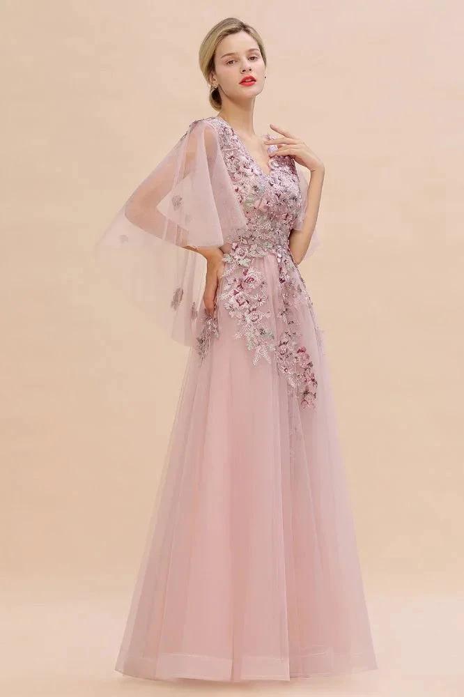 Elegant Tulle A-line Floral Wedding Dress Puffy Long Sleeves Evening Party Dress