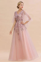 Elegant Tulle A-line Floral Wedding Dress Puffy Long Sleeves Evening Party Dress