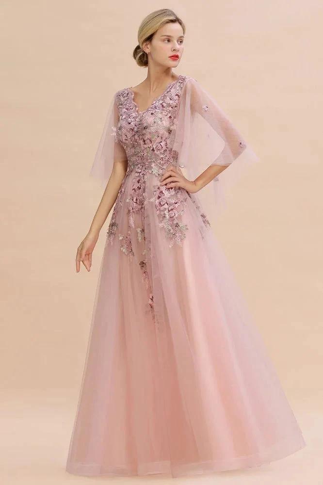 Elegant Tulle A-line Floral Wedding Dress Puffy Long Sleeves Evening Party Dress