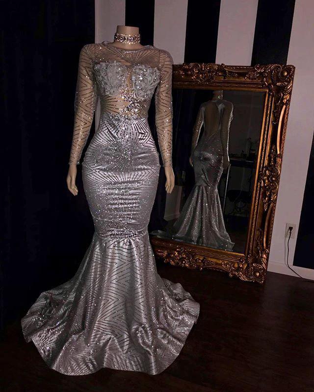 Elegant Tulle Backless Prom Dresses Sliver Long Sleeves Mermaid Evening Gowns