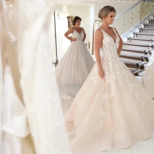 Elegant V-Neck A-line Wedding Dresses with Lace