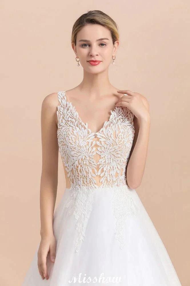 Elegant V-Neck Floral Lace A-line Wedding Dress Beach Sleeveless Tulle Church Dress
