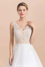 Elegant V-Neck Floral Lace A-line Wedding Dress Beach Sleeveless Tulle Church Dress