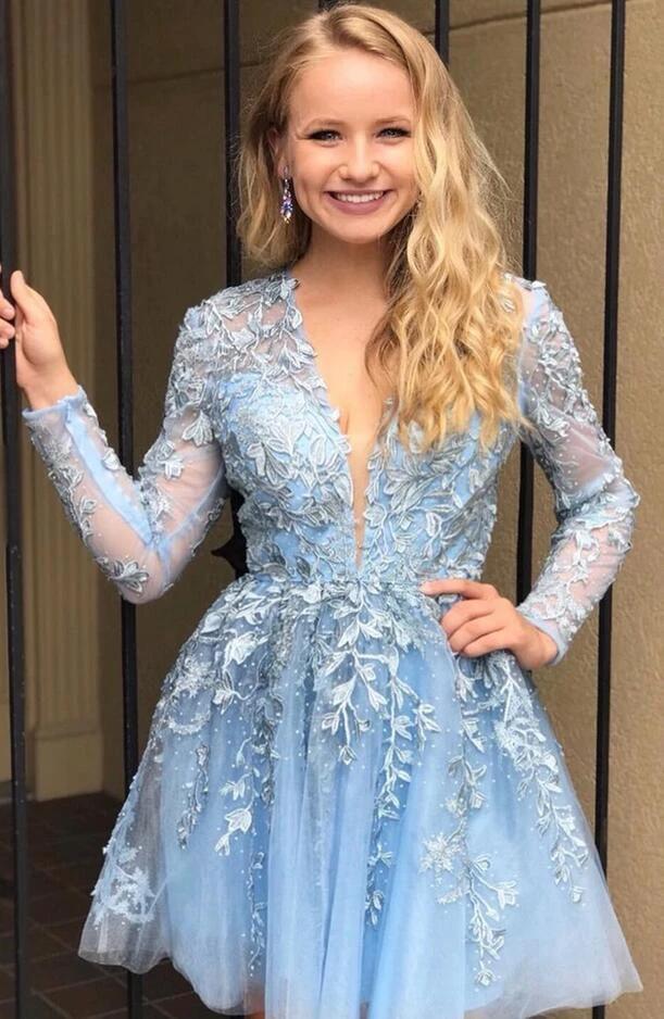 Elegant V-neck Lace Tulle A-line Short Prom Dress with Sleeves