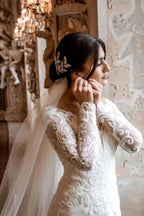 Elegant V-Neck Long-Sleeve Mermaid Floor-Length Lace Wedding Dresses with Chapel Trian