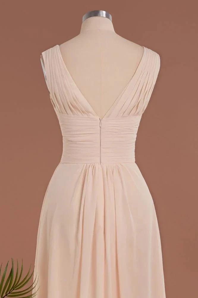 Elegant V-Neck Ruffles Simple Formal Dresses | A-Line Sleeveless Chiffon Evening Dresses