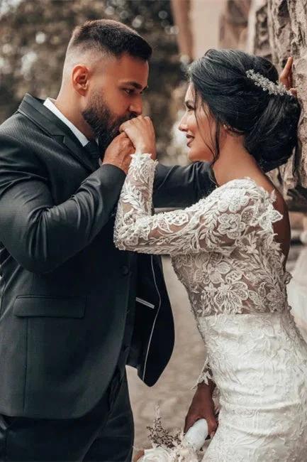Elegant White Floral Lace Mermaid Spring Wedding Dress Long Sleeves V-Neck Slim Bridal Dresses