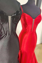 Elori | Plunge Neck Black Satin Mermaid Long Prom Dress