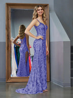 Purple Sheath Sequins Long Prom Dress with Slit