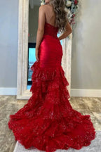 Evaluna | Red Strapless V-Neck Mermaid Pleated Layered Long Prom Dress With Slit