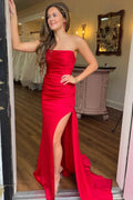 Evangeline | Teal Strapless Lace-Up Ruched Mermaid Long Formal Dress with Slit