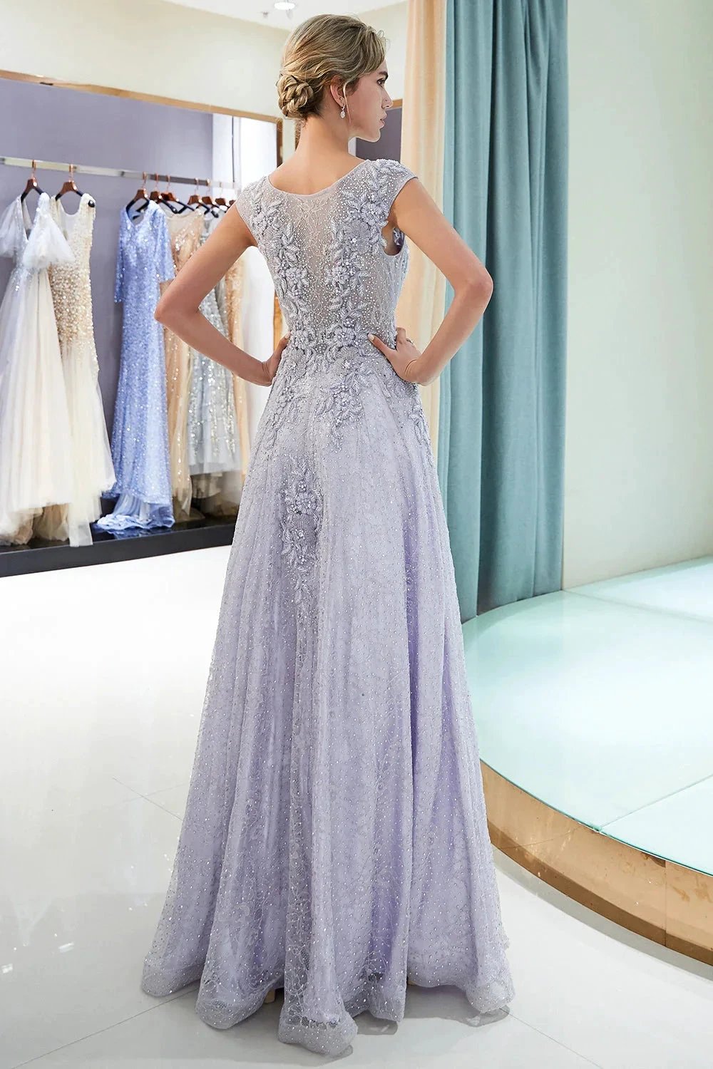 Excellent Long A-line Jewel Tulle Lace Evening Dress