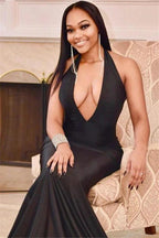 Excellent Long Mermaid Halter Open Back Black Prom Dress