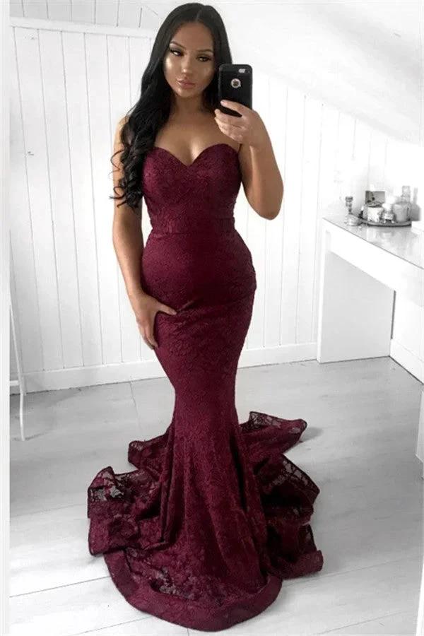 Excellent Long Mermaid Strapless Appliques Lace Prom Dress