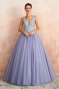 Excellent Long Princess V-neck Sleeveless Tulle Backless Prom Dress